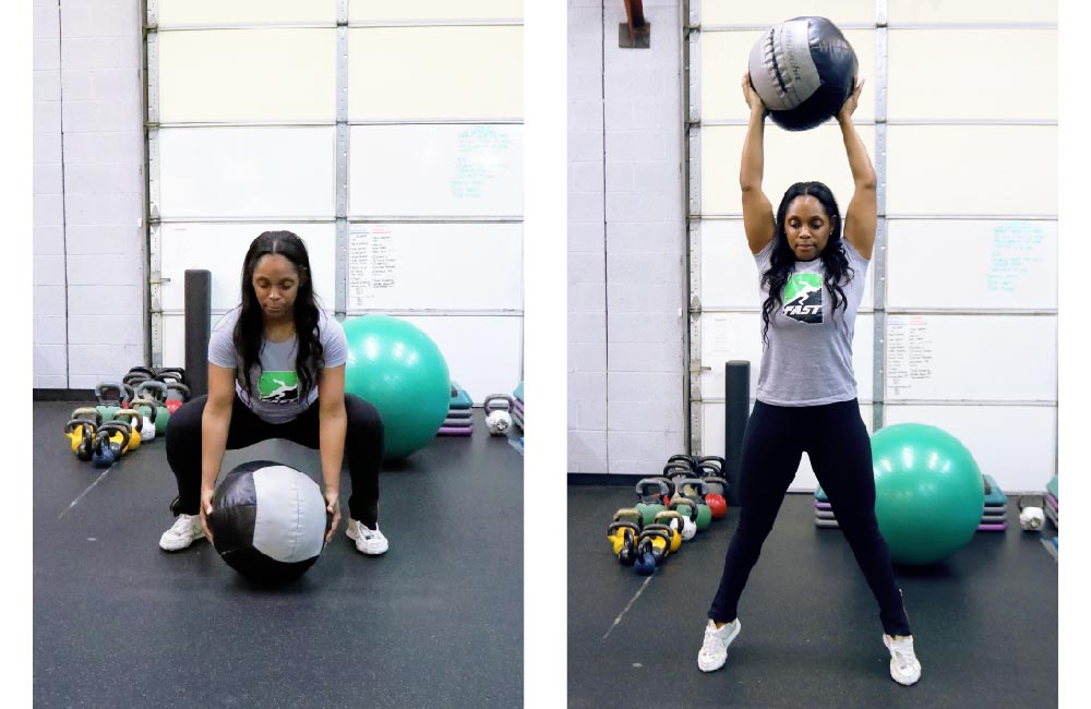 Certified trainer, Taryn Woods demonstrating medicine ball exercise.
