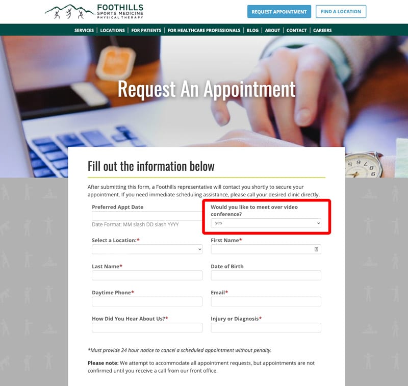 request appointment form used to schedule in-person and virtual telehealth physical therapy visits
