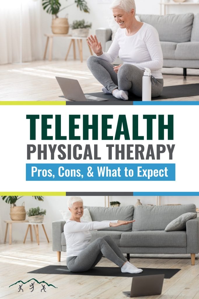 older woman with her laptop completing telehealth physical therapy exercises with her physical therapist virtually