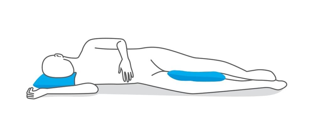 Sleeping on one side with a pillow between knees to protect hips, pelvis and spine aligned.