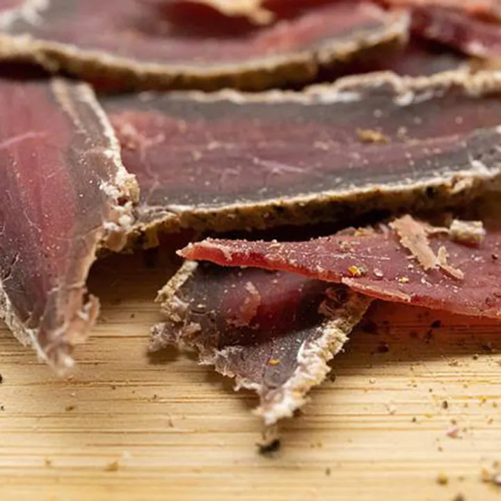 Dry meat, jerky.