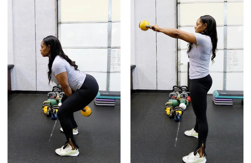 Certified trainer, Taryn Woods demonstrating kettlebell swings.