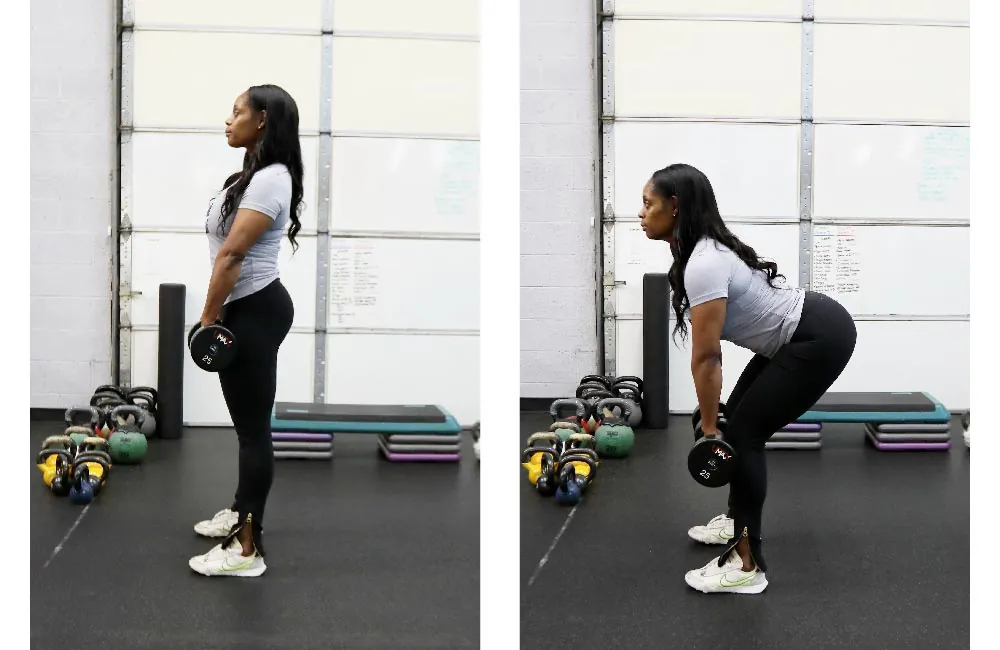 Certified trainer, Taryn Woods demonstrating Romanian deadlifts.