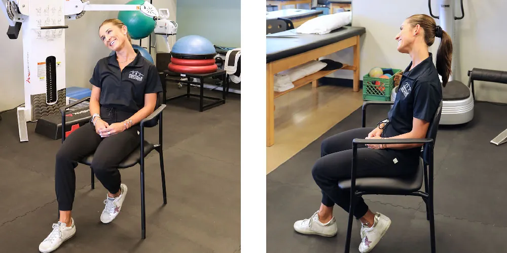 PT Danielle, performing seated upper trap stretch.
